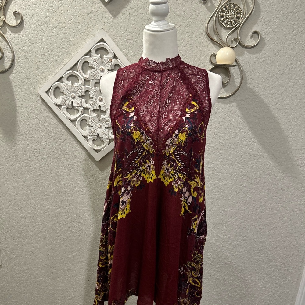 Free People Burgundy Floral Lace Mini Dress